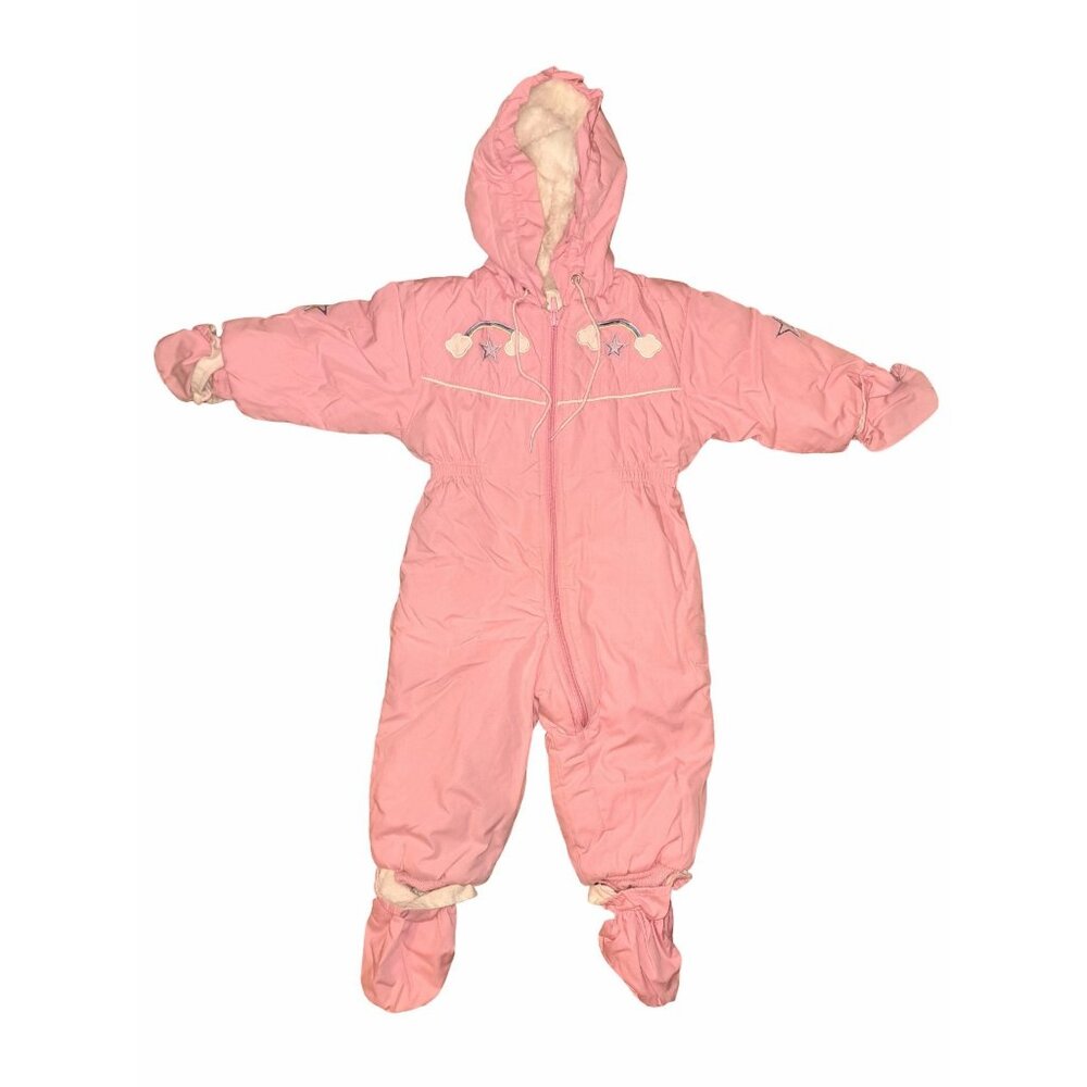 Vintage JCPenney Baby Girl’s Pink One-Piece Snowsuit Faux Fur Hood 18 months